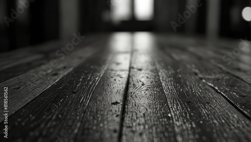 A black and white photo of a wooden table on top of wood floor,. photo