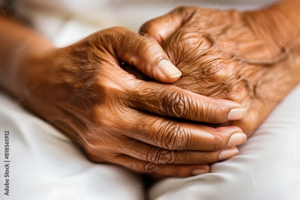 Fototapeta premium A close-up of elderly wrinkled hands being gently held, symbolizing care, compassion, and support for seniors.