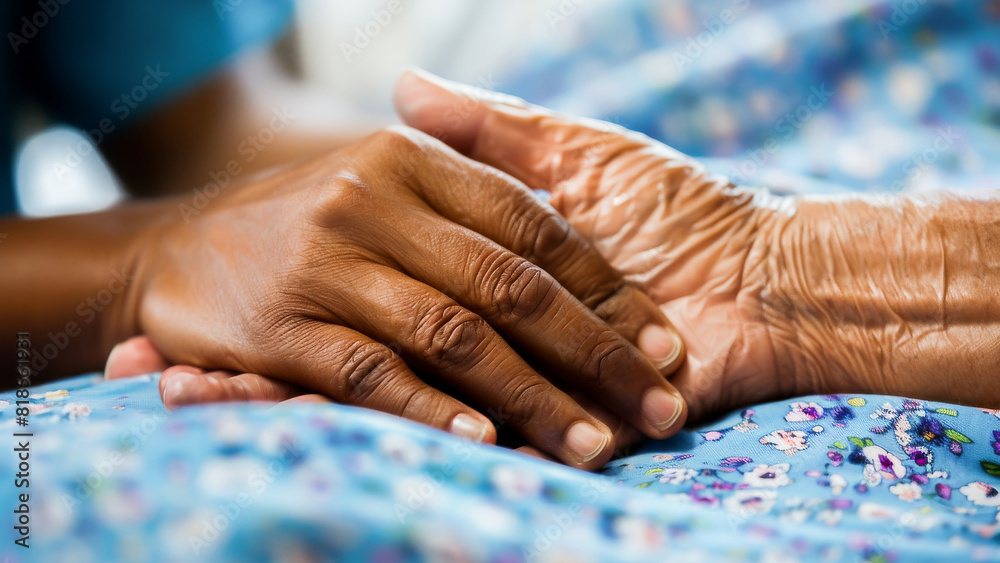 A caring moment between a young caregiver's hand and an elderly person's hand, signifying compassion and support. A caring moment between a young caregiver's hand and an elderly person's hand, signifying compassion and support.