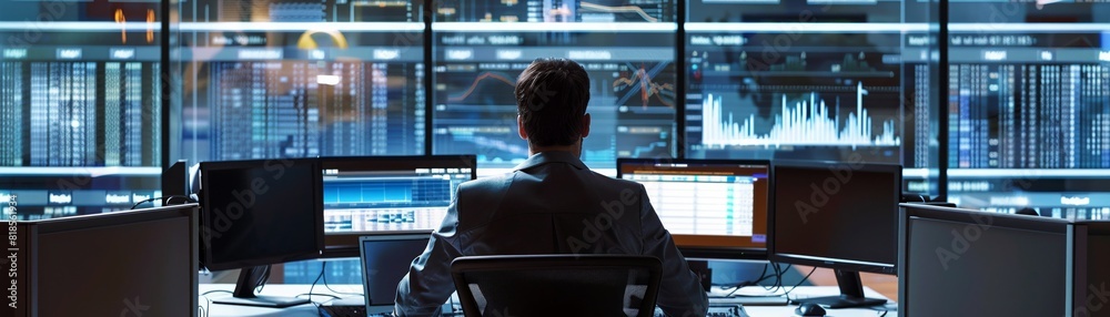 Contemporary office setting, specialist intently monitoring financial data on panoramic displays Contemporary office setting, specialist intently monitoring financial data on panoramic displays