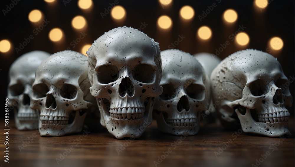 A bunch of white skulls sitting on top of a table,. A bunch of white skulls sitting on top of a table,.