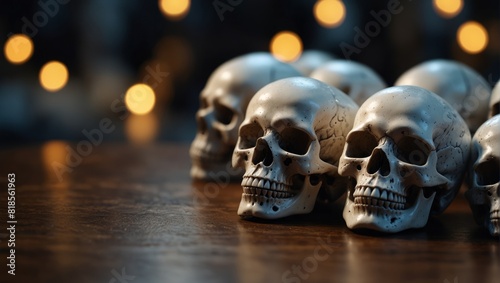 A bunch of white skulls sitting on top of a table,. photo