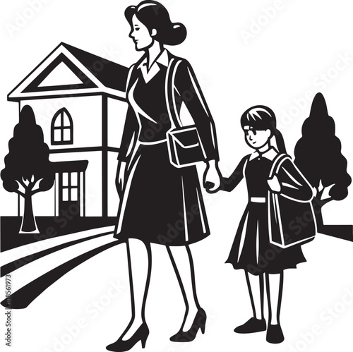 a black and white picture of a mother and her daughter. walking