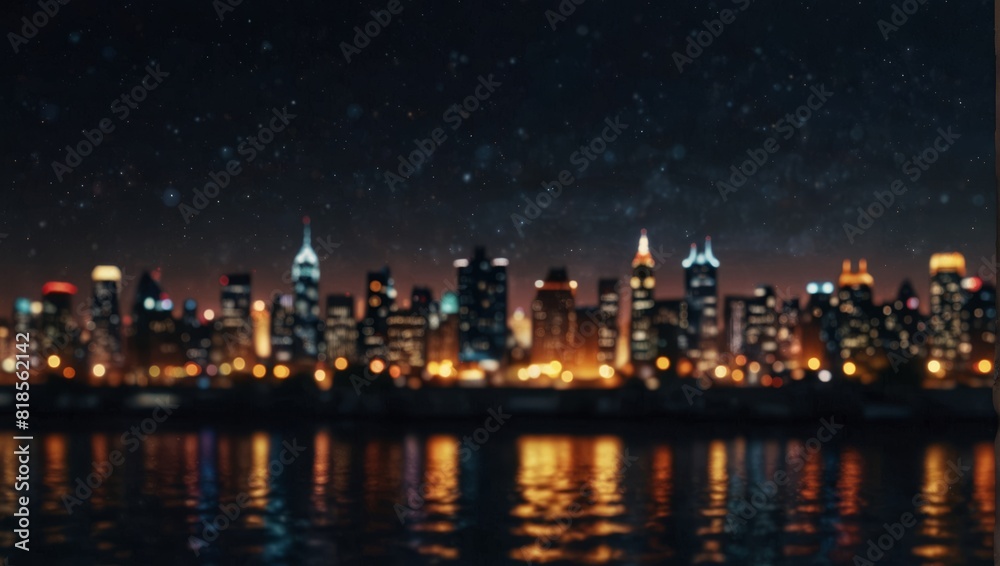 A city lights are shining down on a large building,.