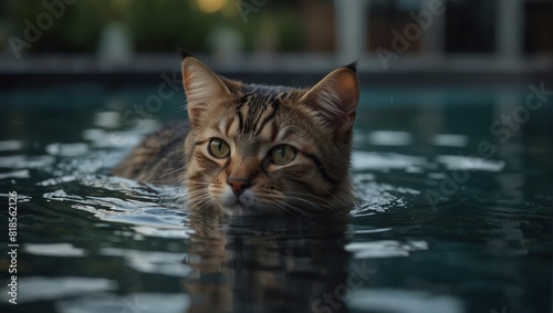 A cat swimming in a pool of water with its eyes open,. © DEER FLUFFY