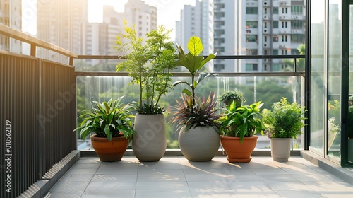 the ambiance of an empty outdoor roof terrace adorned with sleek potted plants in a minimalistic style © Noor