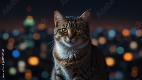 A city lit up with glowing eyes and a cat on top,.