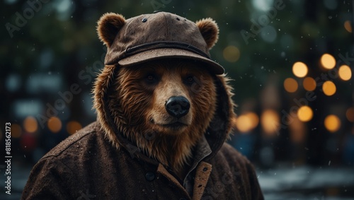 A close up of a bear wearing an old coat and hat,. photo