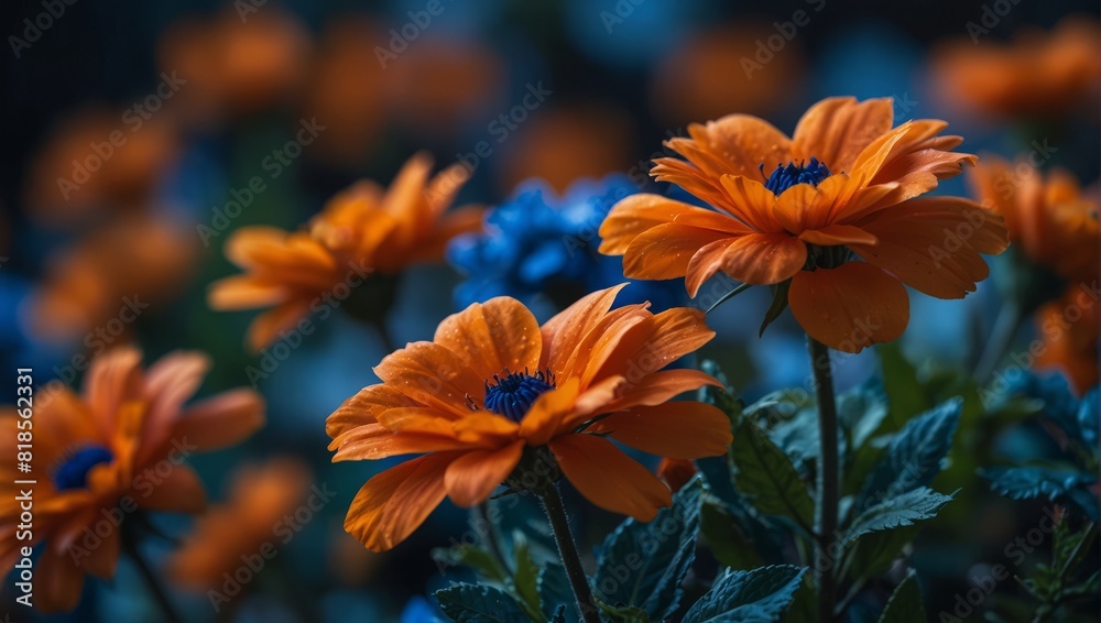 A close up of a bunch of flowers that are blue and orange,. A close up of a bunch of flowers that are blue and orange,.