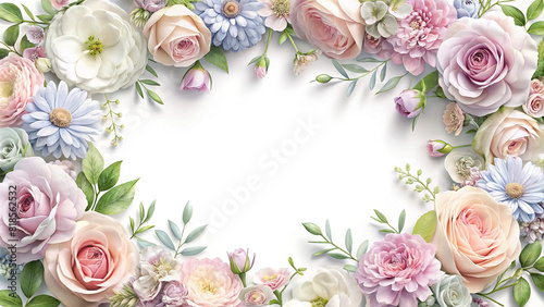 A delicate arrangement of pastel-hued flowers forming an elegant border around a blank space, ideal for adding personalized messages or graphics © wasan
