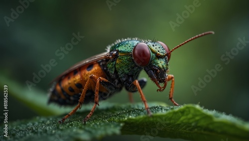 A close up of a colorful insect sitting on top of green leaf,. photo