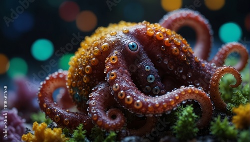 A close up of a colorful octopus with many different colors,. photo