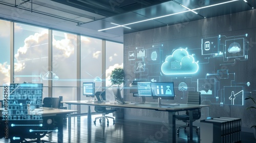 Modern Glass Office with Cloud Computing Interfaces, Illustrating the Integration of Cloud Tech in Workspaces