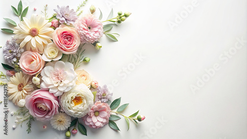 A delicate arrangement of pastel-colored blooms meticulously placed around the edges of a white backdrop  offering ample space for text or graphics