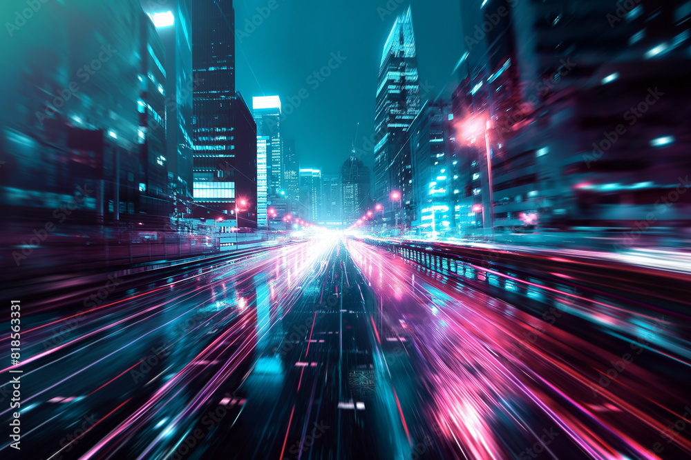 Futuristic cityscape with light trails. A vibrant and energetic night view of a futuristic city with dynamic light trails suggesting fast motion