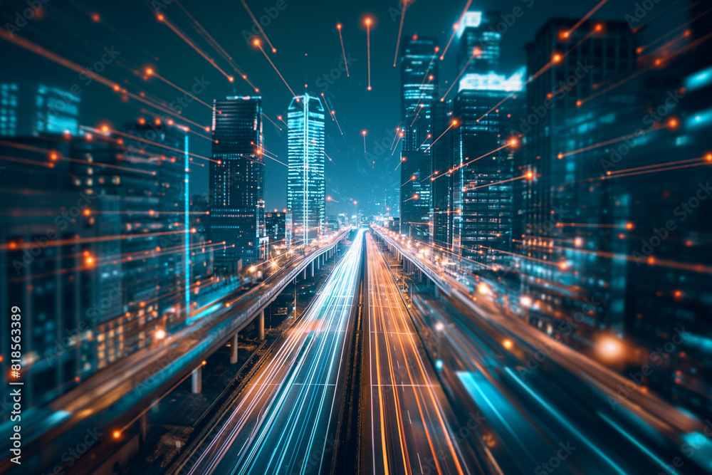 Futuristic cityscape with light trails. A vibrant and energetic night view of a futuristic city with dynamic light trails suggesting fast motion Futuristic cityscape with light trails. A vibrant and energetic night view of a futuristic city with dynamic light trails suggesting fast motion