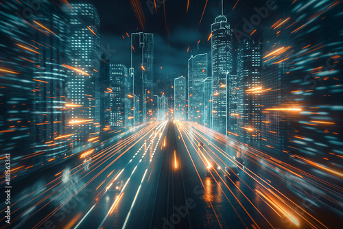 Futuristic cityscape with light trails. A vibrant and energetic night view of a futuristic city with dynamic light trails suggesting fast motion photo