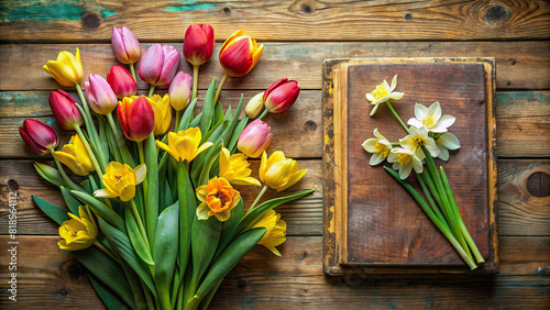 A flat lay arrangement of tulips and daffodils forming a spring-inspired frame around a vintage book, capturing the essence of renewal and growth. #818564112