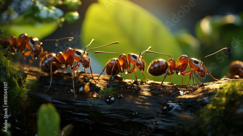 Une macro capture une fourmi solitaire explorant les feuilles vertes, ses antennes alertes, tandis que le monde miniature s'anime avec ses détails saisissants. photo
