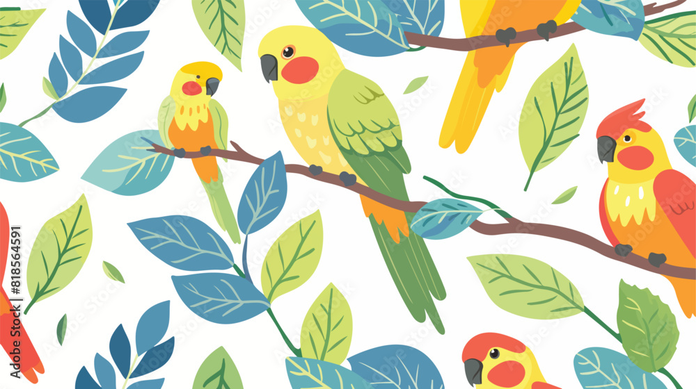 Cute parrots seamless pattern. Exotic small birds pet