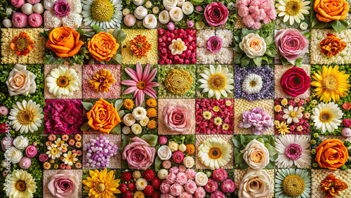 A top-down view of an artistic floral composition arranged in a grid pattern, offering versatility for different projects.