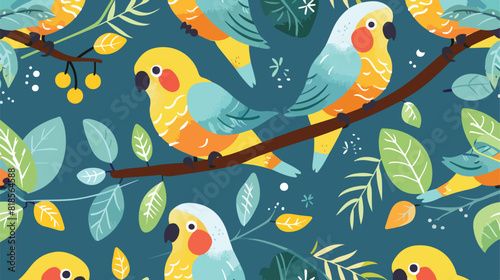 Cute parrots seamless pattern. Exotic small birds pet