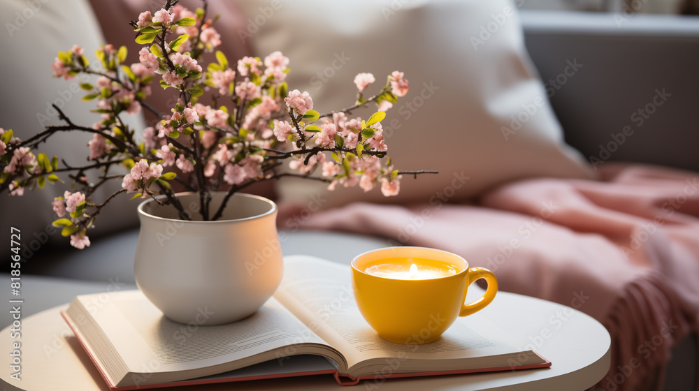 Un bouquet de fleurs égayant la table du petit-déjeuner, accompagné d'une tasse de thé chaud, crée une ambiance printanière et accueillante. Un bouquet de fleurs égayant la table du petit-déjeuner, accompagné d'une tasse de thé chaud, crée une ambiance printanière et accueillante.