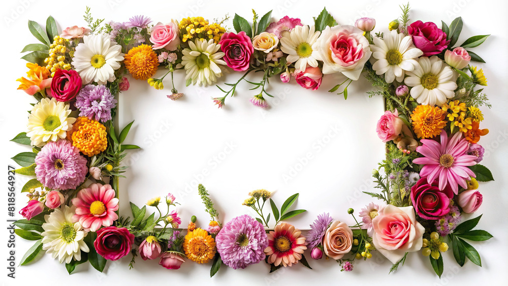 A visually appealing floral arrangement forming a frame with room for text or graphics in the center, against a white background.