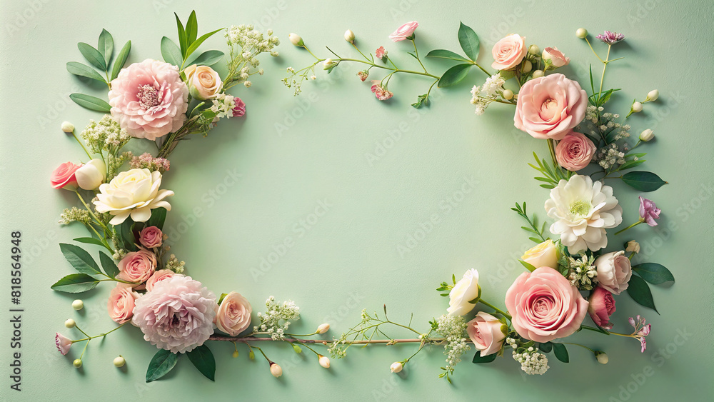 A high-angle shot capturing a floral frame arranged on a pastel-colored surface, creating a soft and dreamy atmosphere, perfect for feminine designs.