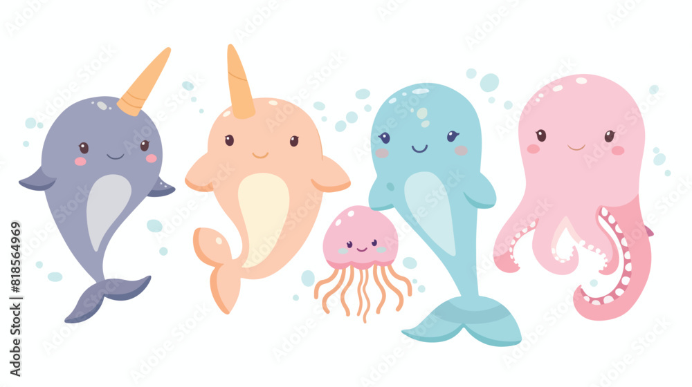 Cute sea animals Four . Ocean fishes algae underwater