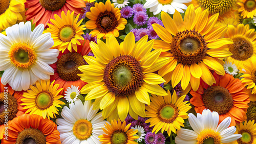 A vibrant mix of sunflowers and daisies arranged in a sunburst pattern  evoking feelings of joy and happiness