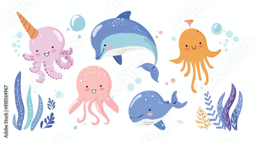Cute sea animals Four . Ocean fishes algae underwater