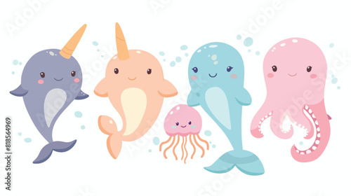 Cute sea animals Four . Ocean fishes algae underwater