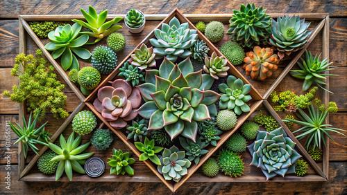 A creative flat lay composition of succulents and cacti arranged in a geometric frame, blending nature with modern design elements. #818565311