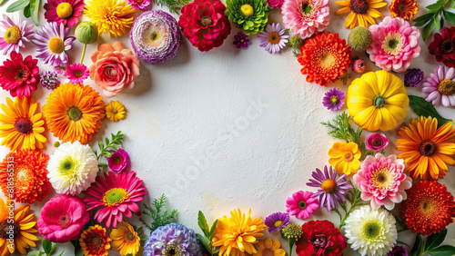A creative flat lay featuring a circular frame of vibrant flowers surrounding a blank space  ideal for adding personalized messages or graphics.