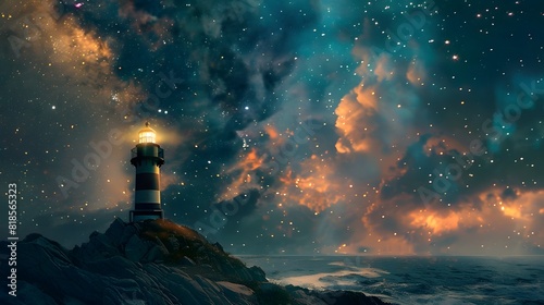 A lone lighthouse stands sentinel on a rugged coastline, its beacon of hope shining brightly against the backdrop of a star-studded sky, guiding ships safely to shore.