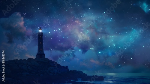 A lone lighthouse stands sentinel on a rugged coastline, its beacon of hope shining brightly against the backdrop of a star-studded sky, guiding ships safely to shore.