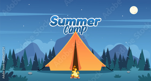 Family Adventure Camping Night Scene. Tent, Campfire, Pine forest and rocky mountains background, starry night sky with moonlight. Suitable for camping event posters, flyers and other	 (ID: 818565724)