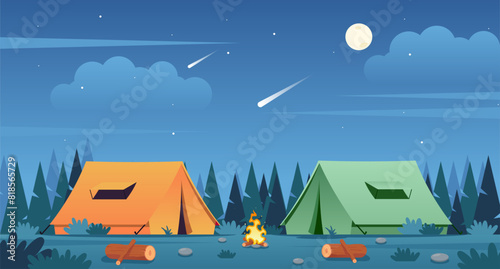 Family Adventure Camping Night Scene. Orange and Green Tent, Campfire, logs and Pine forest background, starry night sky with moonlight, clouds, and falling stars (ID: 818565729)