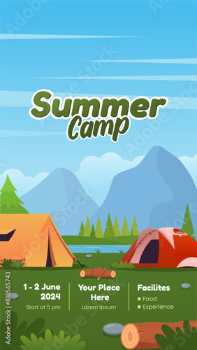 Summer camp portrait poster, with 2 tents near the river and mountain view vector illustration. include an event information detail below. Suitable for camping event posters, flyers and others (ID: 818565743)