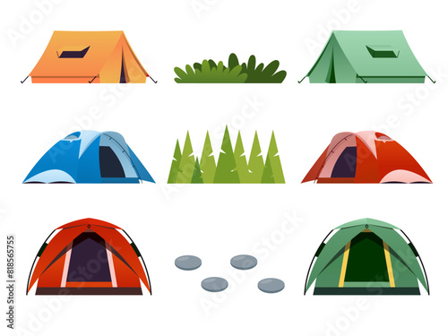 Collection of a camping tent and environment vector illustration. Different tent types and from different angles. nature environment like grass, pine trees, and stones. isolated on a white background. (ID: 818565755)