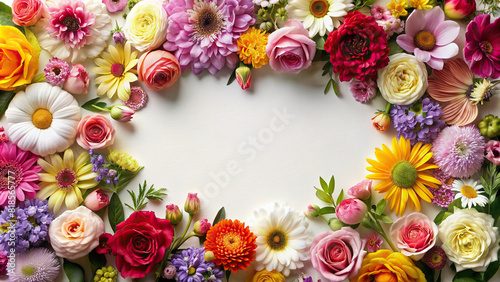 A beautifully arranged assortment of flowers forming a border around a blank space  ideal for showcasing text or designs.