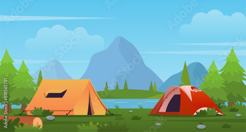 2 camping tents near the river. Summer landscape illustration for camping or hiking. sunny day with a couple of tents, mountains, and a forest. Suitable for camping event posters, banners, and other (ID: 818565781)