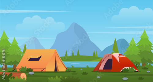 2 camping tents near the river. Summer landscape illustration for camping or hiking. sunny day with a couple of tents, mountains, and a forest. Suitable for camping event posters, banners, and other
