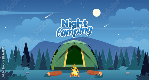 Night camp in a forest with tents, campfire and log near it. Landscape view on a campsite near the mountains. Summer outdoor vacation. Camping background for any design. Cartoon vector illustration. (ID: 818565782)