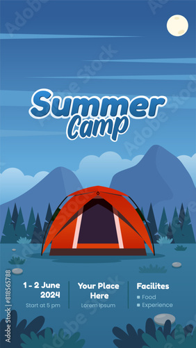 Night camp portrait poster, with tent near the mountain and pine forest vector illustration. include an event information detail below. Suitable for camping event posters, flyers and others (ID: 818565788)