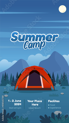 Night camp portrait poster, with tent near the mountain and pine forest vector illustration. include an event information detail below. Suitable for camping event posters, flyers and others