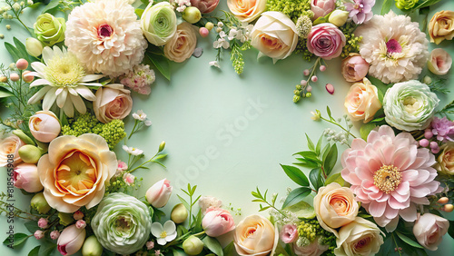 A close-up of a floral frame composed of pastel-colored flowers and greenery, exuding freshness and purity, suitable for spring-themed projects.