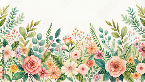 Delicate petals and foliage elegantly arranged to create a whimsical floral border, perfect for any design project.