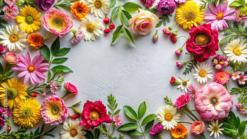 A top view of a flat lay floral frame with carefully arranged petals and leaves  creating a beautiful natural border.